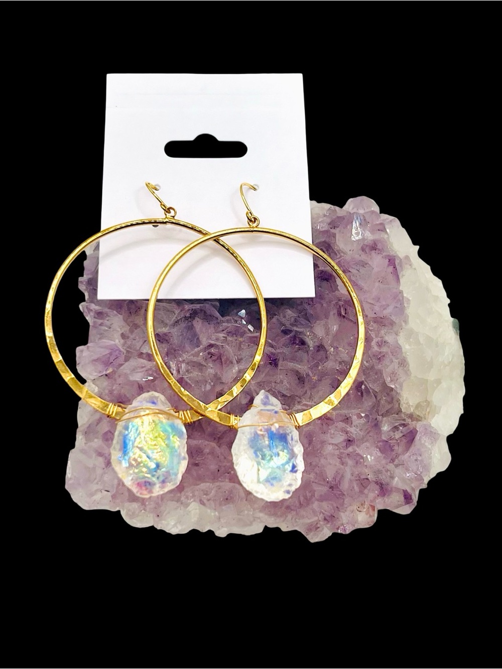 NEW✨Angel Aura Quartz Hammered Gold Hoop Earrings